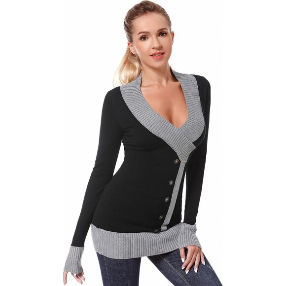 Women V Neck Faux Wrap Sweater Tunic Top Black Gray XS Viscose Nylon - Picture 3 of 5